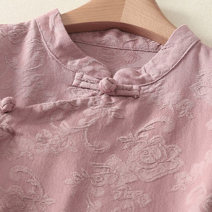 Chemise à manches longues pour femme en coton et lin, à boutons, motif jacquard de Buddha Stones et patte de boutonnage diagonale - image 13