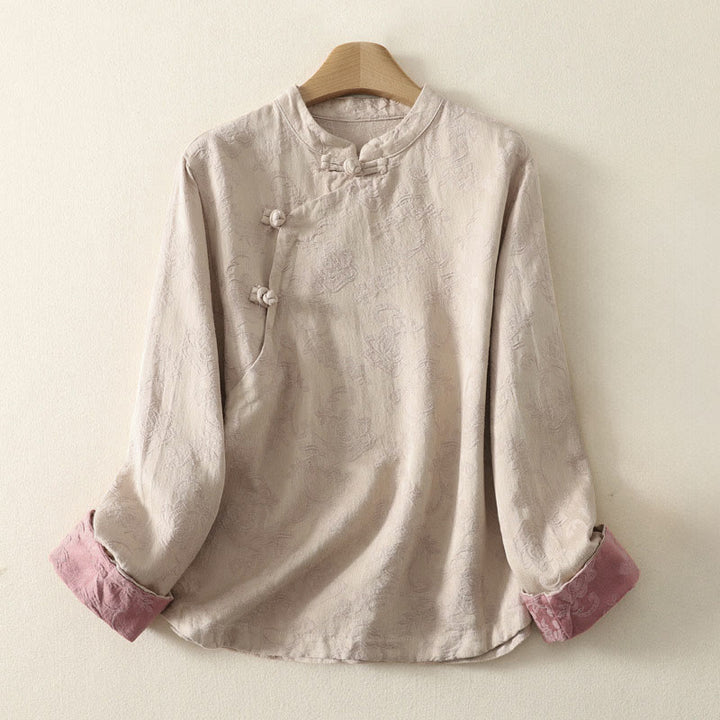 Chemise à manches longues pour femme en coton et lin, à boutons, motif jacquard de Buddha Stones et patte de boutonnage diagonale - Lin - US8-10，UK/AU12-14，EU40-42 (2XL) - image 1