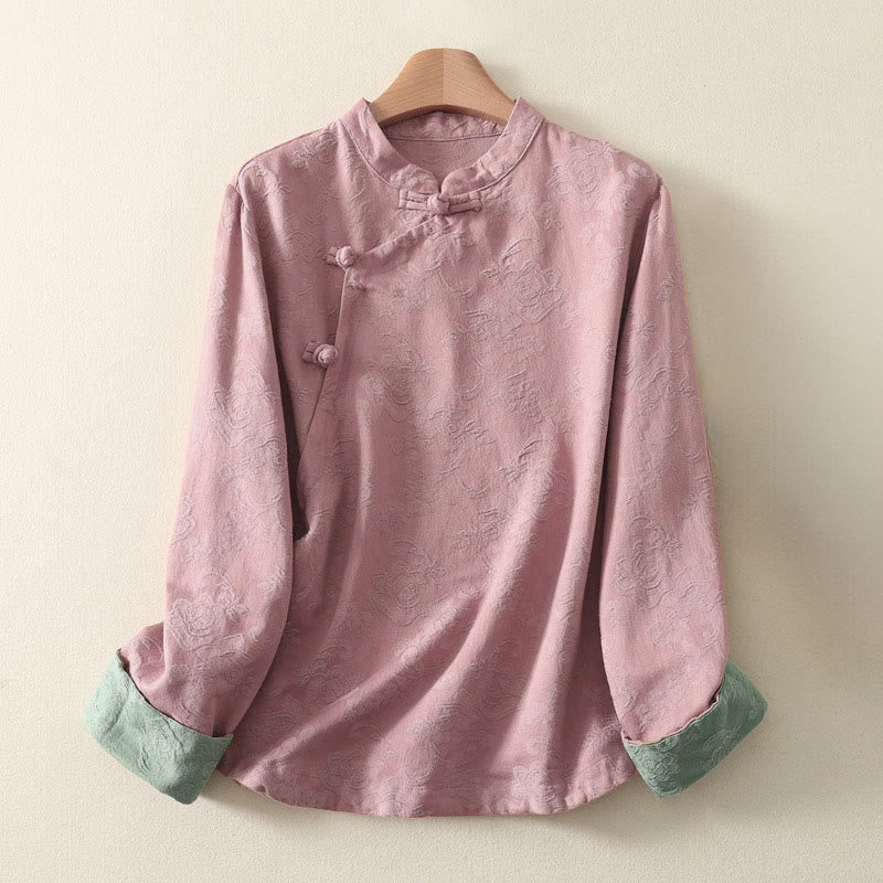 Chemise à manches longues pour femme en coton et lin, à boutons, motif jacquard de Buddha Stones et patte de boutonnage diagonale - Rose clair - US8-10，UK/AU12-14，EU40-42 (2XL) - image 11