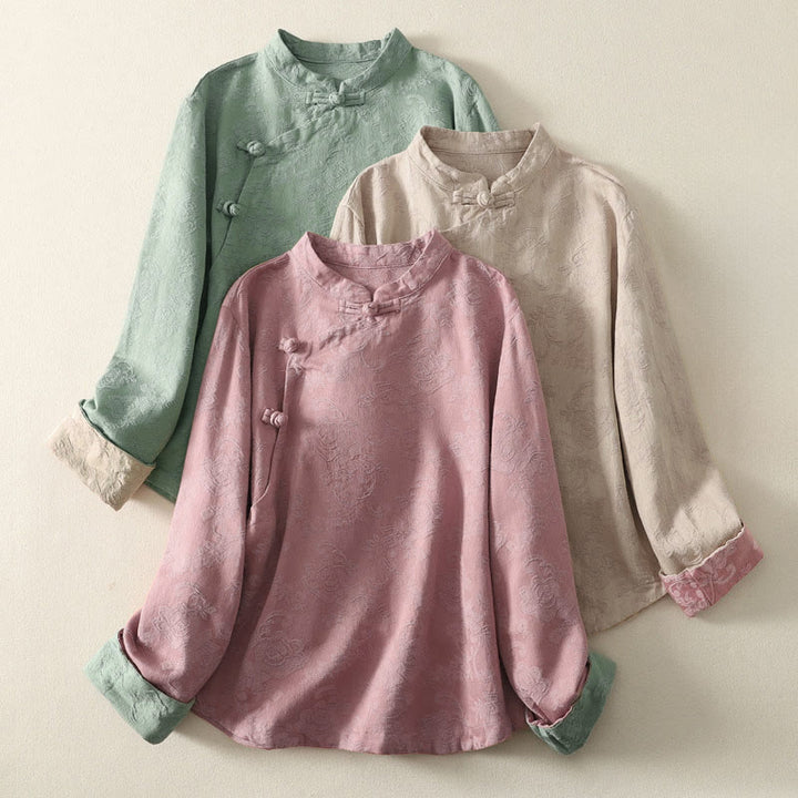 Chemise à manches longues pour femme en coton et lin, à boutons, motif jacquard de Buddha Stones et patte de boutonnage diagonale - image 0