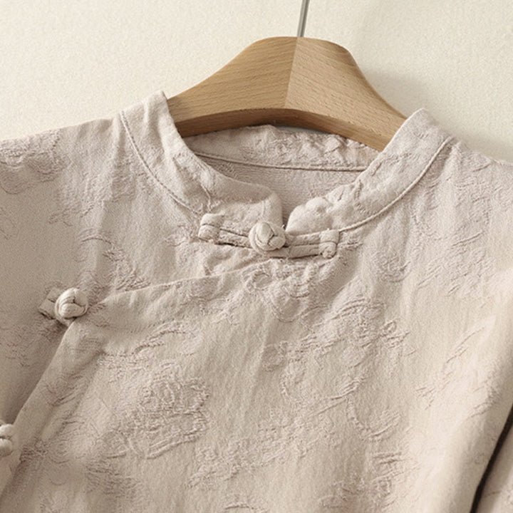 Chemise à manches longues pour femme en coton et lin, à boutons, motif jacquard de Buddha Stones et patte de boutonnage diagonale - image 2