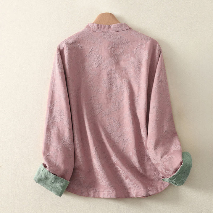 Chemise à manches longues pour femme en coton et lin, à boutons, motif jacquard de Buddha Stones et patte de boutonnage diagonale - image 12