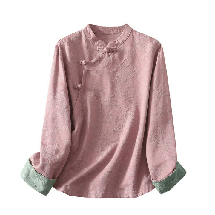 Chemise à manches longues pour femme en coton et lin, à boutons, motif jacquard de Buddha Stones et patte de boutonnage diagonale - image 20