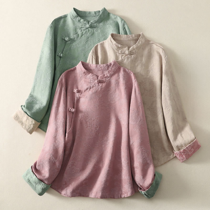 Chemise à manches longues pour femme en coton et lin, à boutons, motif jacquard de Buddha Stones et patte de boutonnage diagonale - image 0