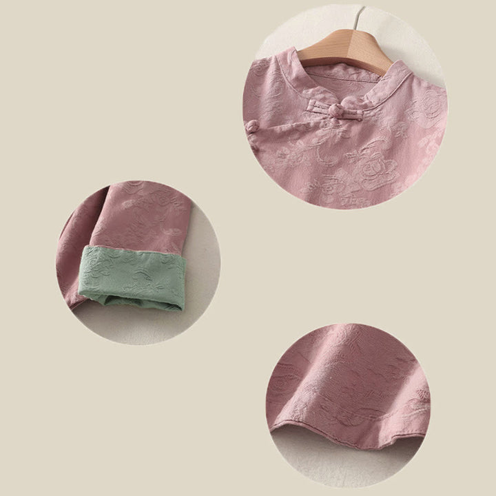 Chemise à manches longues pour femme en coton et lin, à boutons, motif jacquard de Buddha Stones et patte de boutonnage diagonale - image 19