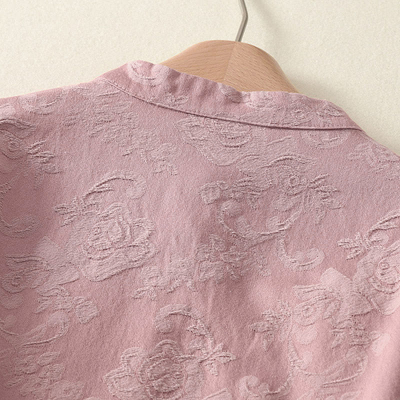 Chemise à manches longues pour femme en coton et lin, à boutons, motif jacquard de Buddha Stones et patte de boutonnage diagonale - image 14