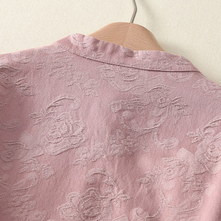 Chemise à manches longues pour femme en coton et lin, à boutons, motif jacquard de Buddha Stones et patte de boutonnage diagonale - image 14