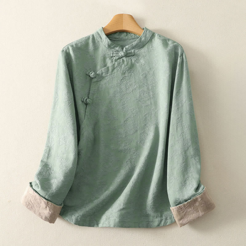 Chemise à manches longues pour femme en coton et lin, à boutons, motif jacquard de Buddha Stones et patte de boutonnage diagonale - Aigue-marine moyenne - US8-10，UK/AU12-14，EU40-42 (2XL) - image 6