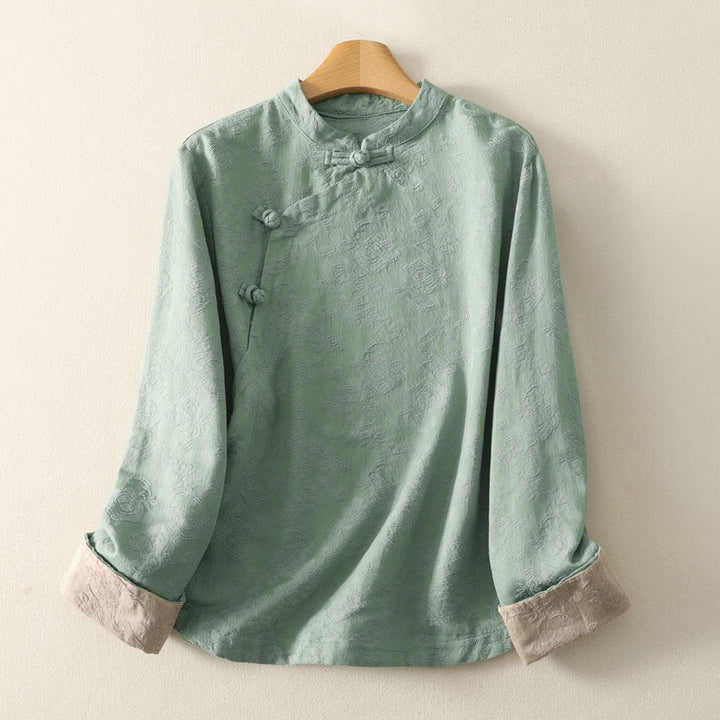 Chemise à manches longues pour femme en coton et lin, à boutons, motif jacquard de Buddha Stones et patte de boutonnage diagonale - Aigue-marine moyenne - US8-10，UK/AU12-14，EU40-42 (2XL) - image 6