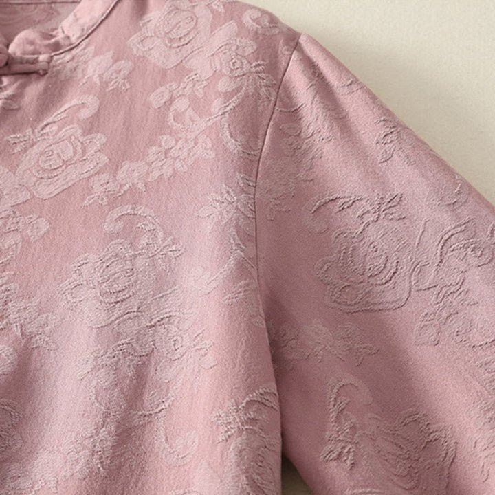 Chemise à manches longues pour femme en coton et lin, à boutons, motif jacquard de Buddha Stones et patte de boutonnage diagonale - image 15