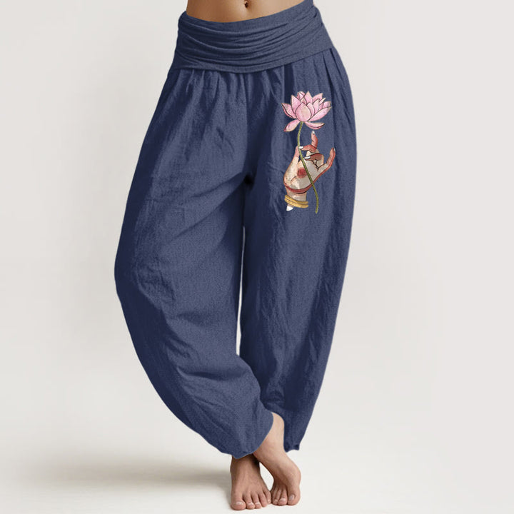 Pantalon harem en coton à taille élastique pour femme, Buddha Stones tenant une main et d'un délicat motif de lotus. - Gris sombre - US16，UK/AU20，EU48 (3XL) - image 5