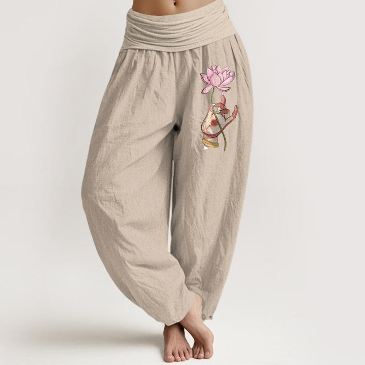 Pantalon harem en coton à taille élastique pour femme, Buddha Stones tenant une main et d'un délicat motif de lotus. - Vert olive - US16，UK/AU20，EU48 (3XL) - image 11