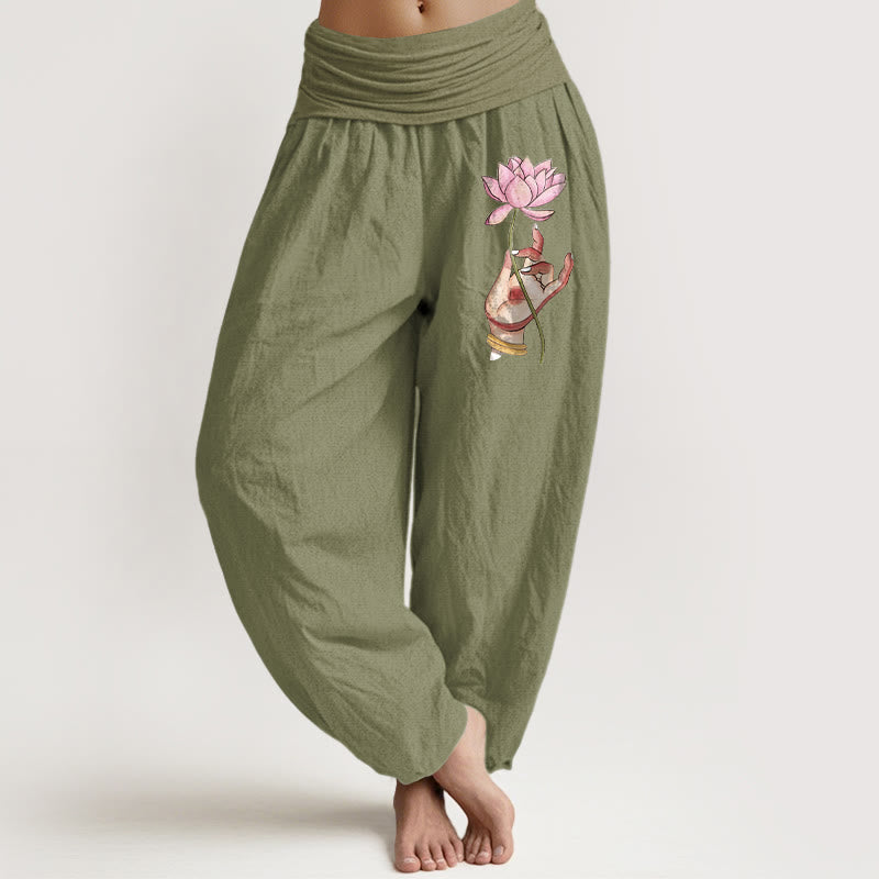Pantalon harem en coton à taille élastique pour femme, Buddha Stones tenant une main et d'un délicat motif de lotus. - Noir - US16，UK/AU20，EU48 (3XL) - image 14