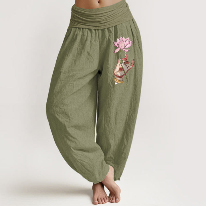 Pantalon harem en coton à taille élastique pour femme, Buddha Stones tenant une main et d'un délicat motif de lotus. - Noir - US16，UK/AU20，EU48 (3XL) - image 14