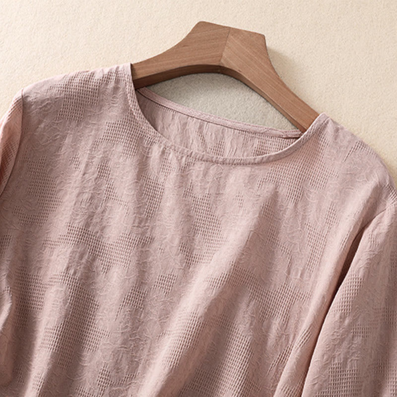 Chemise à manches longues en coton pour femme, motif jacquard à ourlet irrégulier et plis, ornée de Buddha Stones - image 18