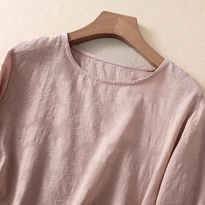 Chemise à manches longues en coton pour femme, motif jacquard à ourlet irrégulier et plis, ornée de Buddha Stones - image 18