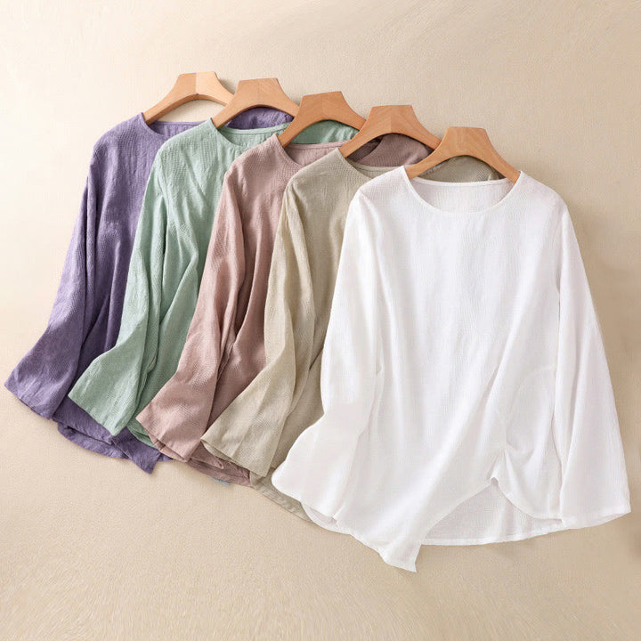 Chemise à manches longues en coton pour femme, motif jacquard à ourlet irrégulier et plis, ornée de Buddha Stones - image 40