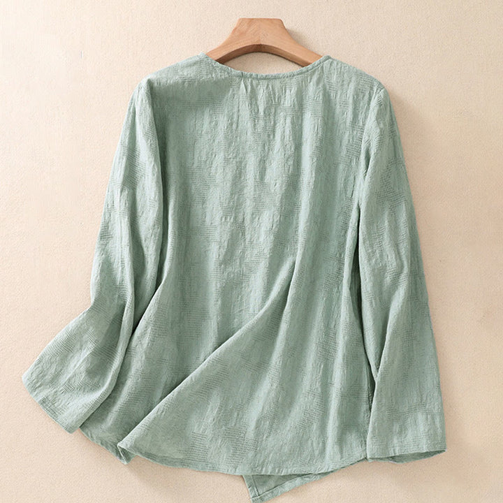 Chemise à manches longues pour femme, motif jacquard à ourlet irrégulier et plis, ornée de Buddha Stones - image 34