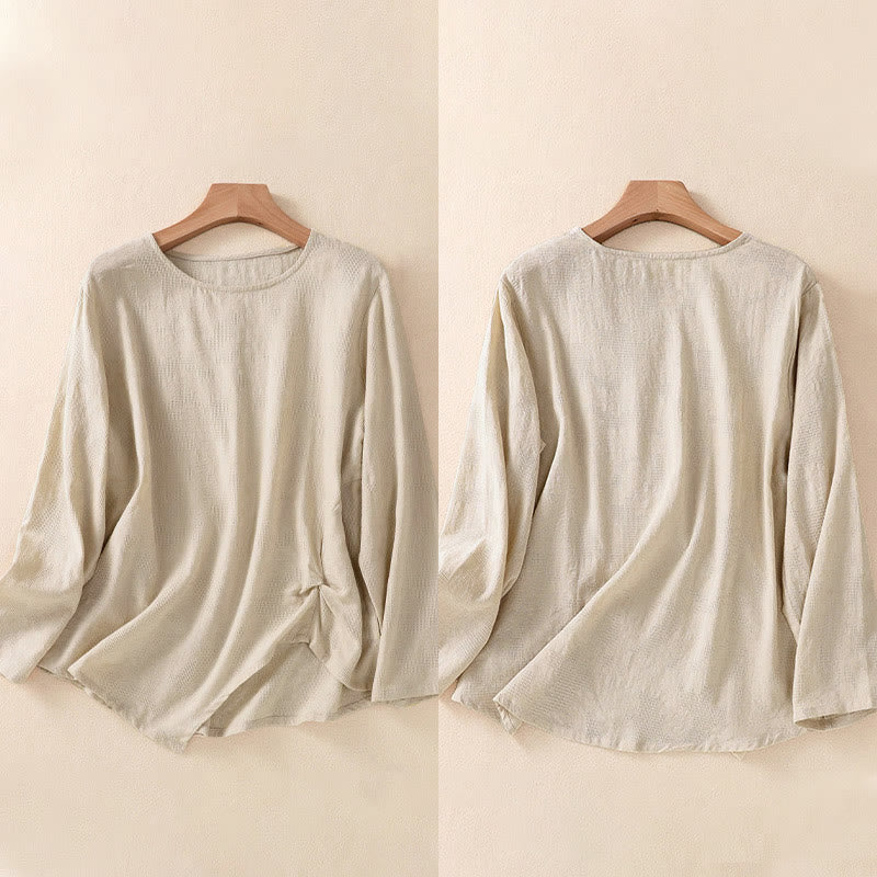 Chemise à manches longues en coton pour femme, motif jacquard à ourlet irrégulier et plis, ornée de Buddha Stones - image 32