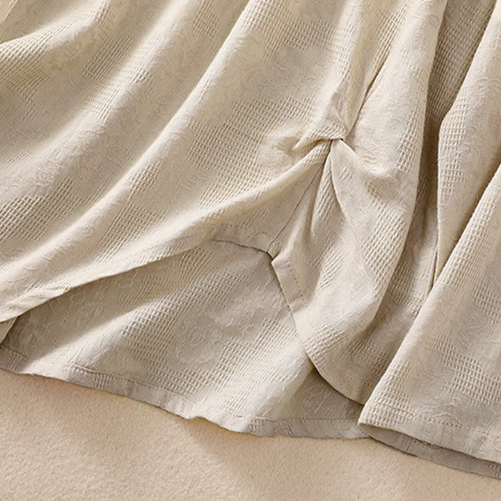 Chemise à manches longues en coton pour femme, motif jacquard à ourlet irrégulier et plis, ornée de Buddha Stones - image 30