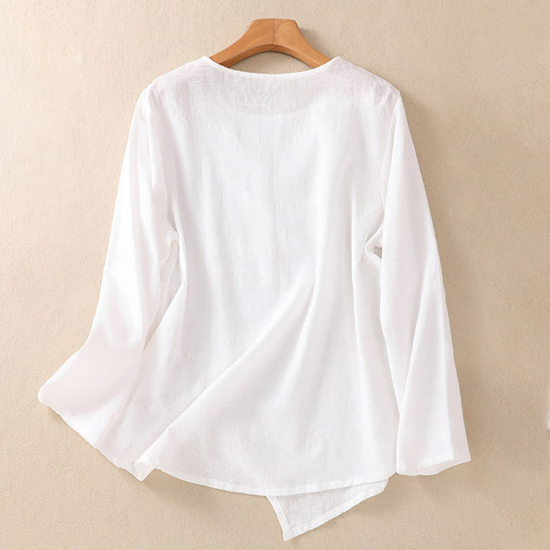 Chemise à manches longues en coton pour femme, motif jacquard à ourlet irrégulier et plis, ornée de Buddha Stones - image 9