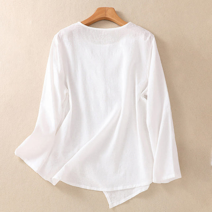 Chemise à manches longues en coton pour femme, motif jacquard à ourlet irrégulier et plis, ornée de Buddha Stones - image 9