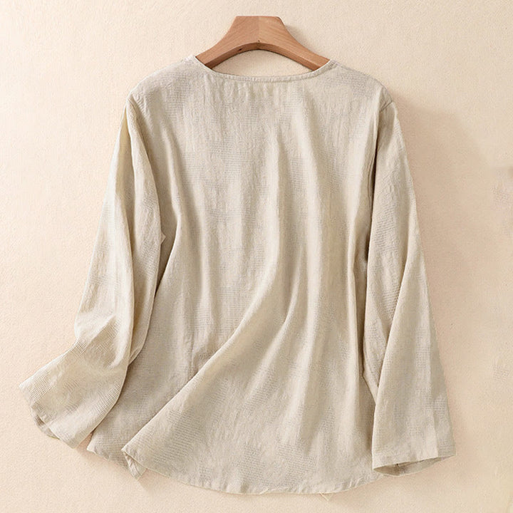 Chemise à manches longues pour femme, motif jacquard à ourlet irrégulier et plis, ornée de Buddha Stones - image 26