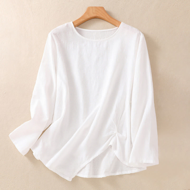 Chemise à manches longues en coton pour femme, motif jacquard à ourlet irrégulier et plis, ornée de Buddha Stones - Blanc - US8-10，UK/AU12-14，EU40-42 (2XL) - image 8