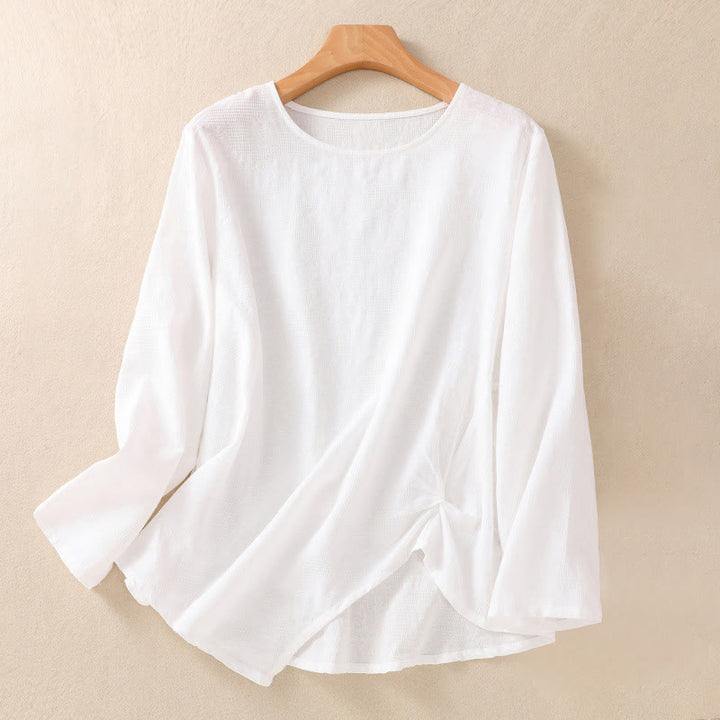 Chemise à manches longues en coton pour femme, motif jacquard à ourlet irrégulier et plis, ornée de Buddha Stones - Blanc - US8-10，UK/AU12-14，EU40-42 (2XL) - image 8