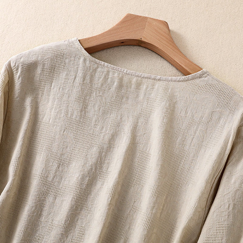 Chemise à manches longues en coton pour femme, motif jacquard à ourlet irrégulier et plis, ornée de Buddha Stones - image 28