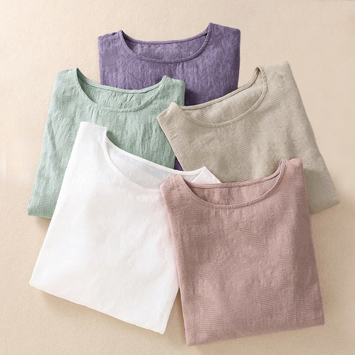 Chemise à manches longues en coton pour femme, motif jacquard à ourlet irrégulier et plis, ornée de Buddha Stones - image 41