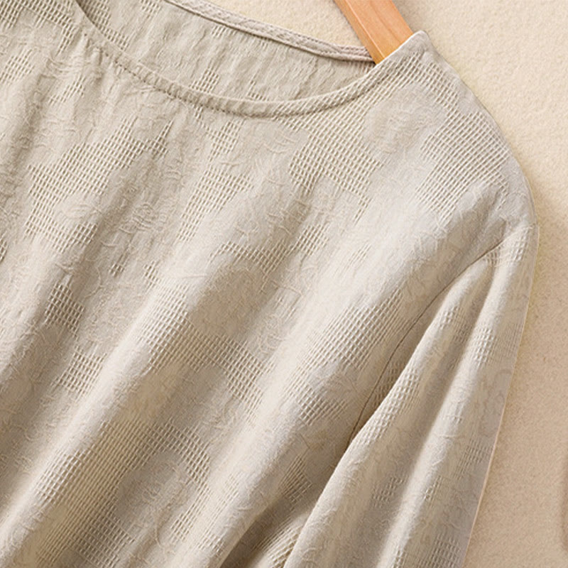 Chemise à manches longues en coton pour femme, motif jacquard à ourlet irrégulier et plis, ornée de Buddha Stones - image 29