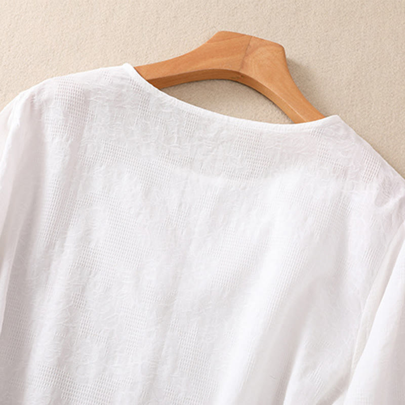 Chemise à manches longues en coton pour femme, motif jacquard à ourlet irrégulier et plis, ornée de Buddha Stones - image 11