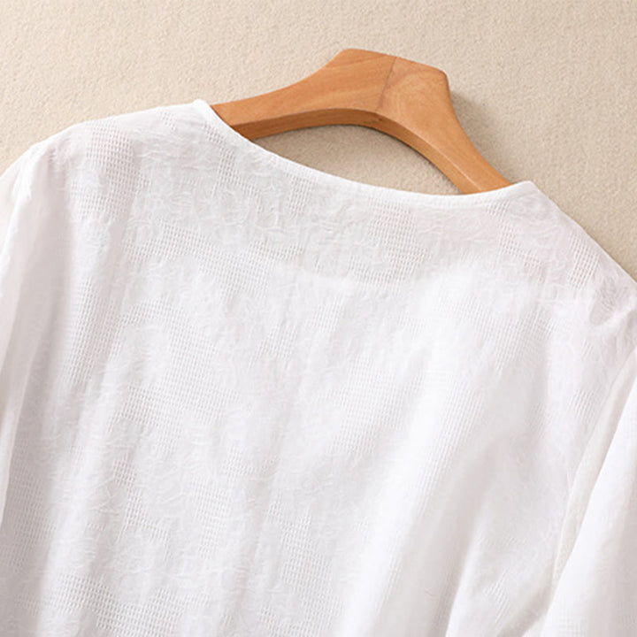 Chemise à manches longues en coton pour femme, motif jacquard à ourlet irrégulier et plis, ornée de Buddha Stones - image 11