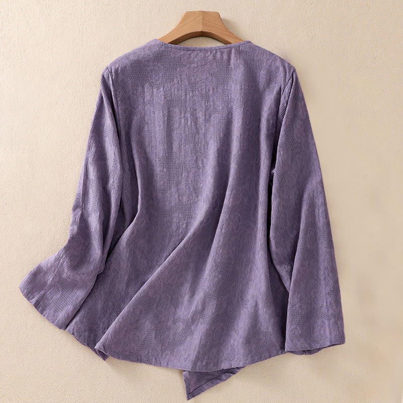 Chemise à manches longues pour femme, motif jacquard à ourlet irrégulier et plis, ornée de Buddha Stones - image 1