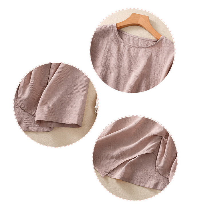 Chemise à manches longues en coton pour femme, motif jacquard à ourlet irrégulier et plis, ornée de Buddha Stones - image 24