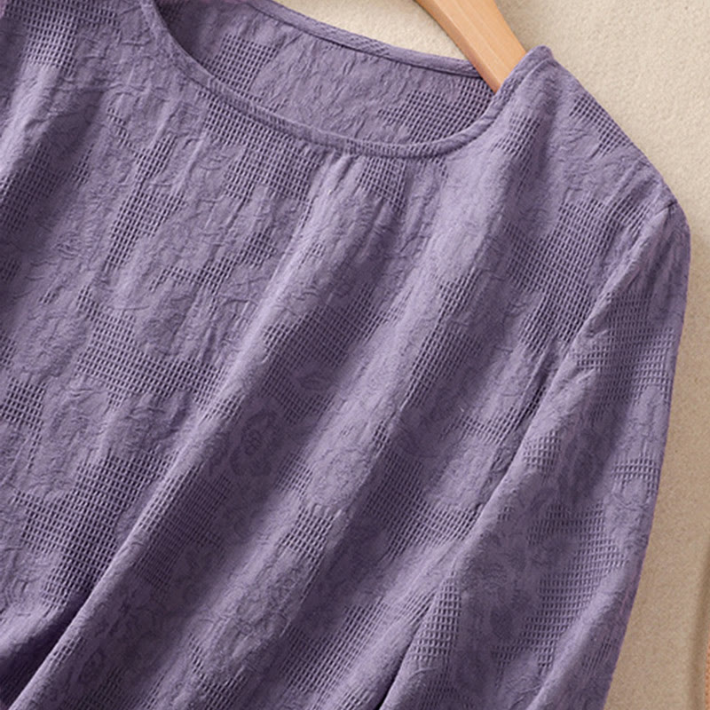 Chemise à manches longues en coton pour femme, motif jacquard à ourlet irrégulier et plis, ornée de Buddha Stones - image 4