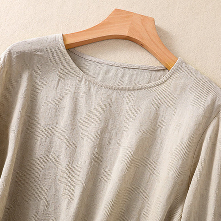 Chemise à manches longues en coton pour femme, motif jacquard à ourlet irrégulier et plis, ornée de Buddha Stones - image 27