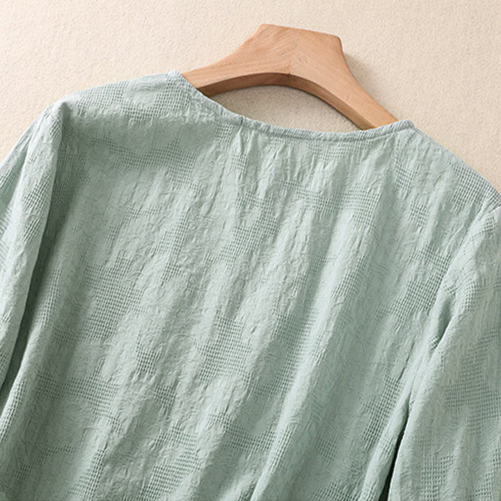 Chemise à manches longues en coton pour femme, motif jacquard à ourlet irrégulier et plis, ornée de Buddha Stones - image 36