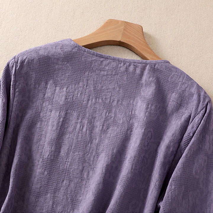 Chemise à manches longues en coton pour femme, motif jacquard à ourlet irrégulier et plis, ornée de Buddha Stones - image 3