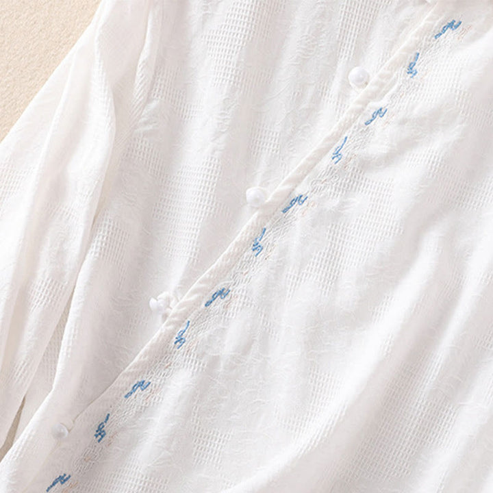 Chemise à manches longues en coton pour femme, brodée de Buddha Stones et au design asymétrique, avec boutons grenouille - image 11