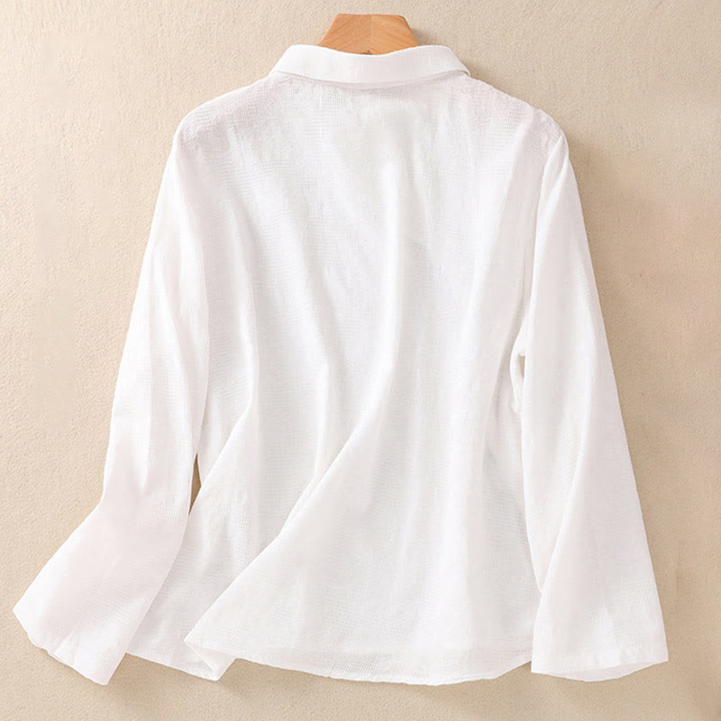 Chemise à manches longues en coton pour femme, brodée de Buddha Stones et au design asymétrique, avec boutons grenouille - image 8