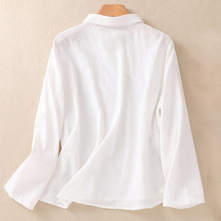 Chemise à manches longues en coton pour femme, brodée de Buddha Stones et au design asymétrique, avec boutons grenouille - image 8