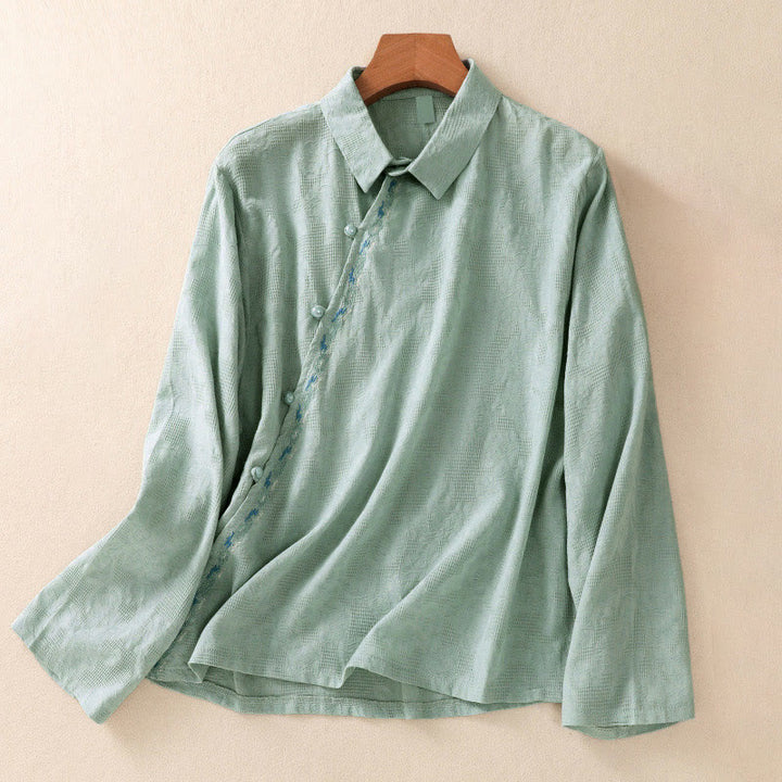 Chemise à manches longues en coton pour femme, brodée de Buddha Stones et au design asymétrique, avec boutons grenouille - Aigue-marine moyenne - US8-10，UK/AU12-14，EU40-42 (2XL) - image 0