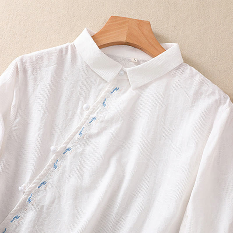 Chemise à manches longues en coton pour femme, brodée de Buddha Stones et au design asymétrique, avec boutons grenouille - image 9