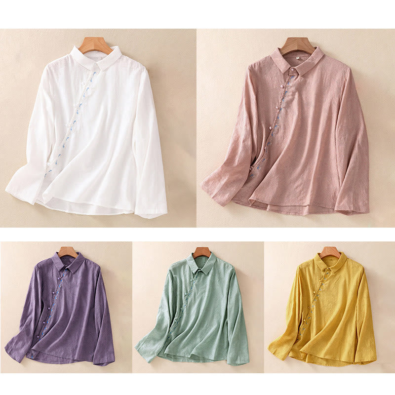 Chemise à manches longues en coton pour femme, brodée de Buddha Stones et au design asymétrique, avec boutons grenouille - image 39