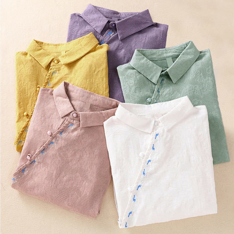 Chemise à manches longues en coton pour femme, brodée de Buddha Stones et au design asymétrique, avec boutons grenouille - image 38