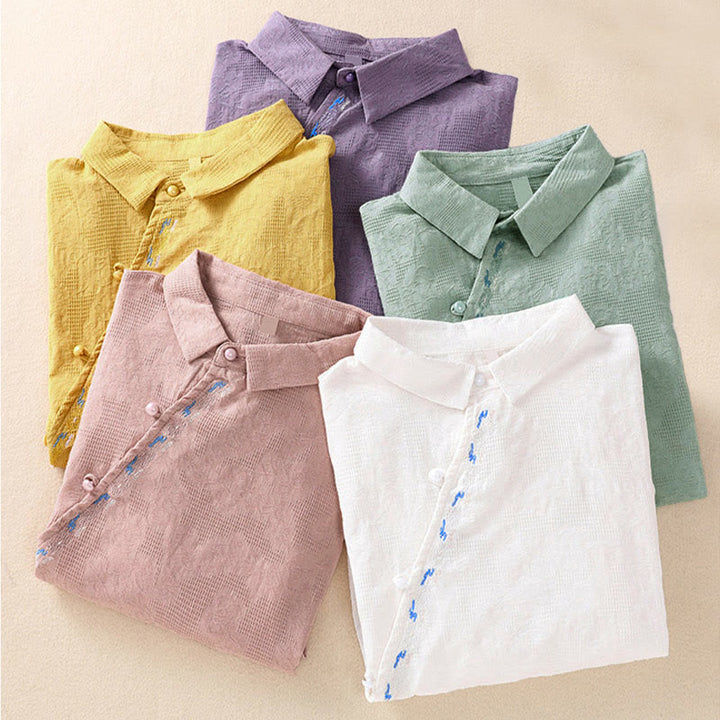 Chemise à manches longues en coton pour femme, brodée de Buddha Stones et au design asymétrique, avec boutons grenouille - image 38