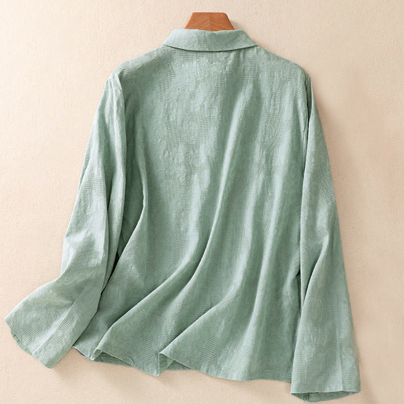 Chemise à manches longues en coton pour femme, brodée de Buddha Stones et au design asymétrique, avec boutons grenouille - image 1