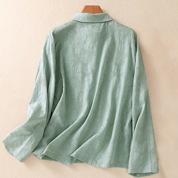 Chemise à manches longues en coton pour femme, brodée de Buddha Stones et au design asymétrique, avec boutons grenouille - image 1